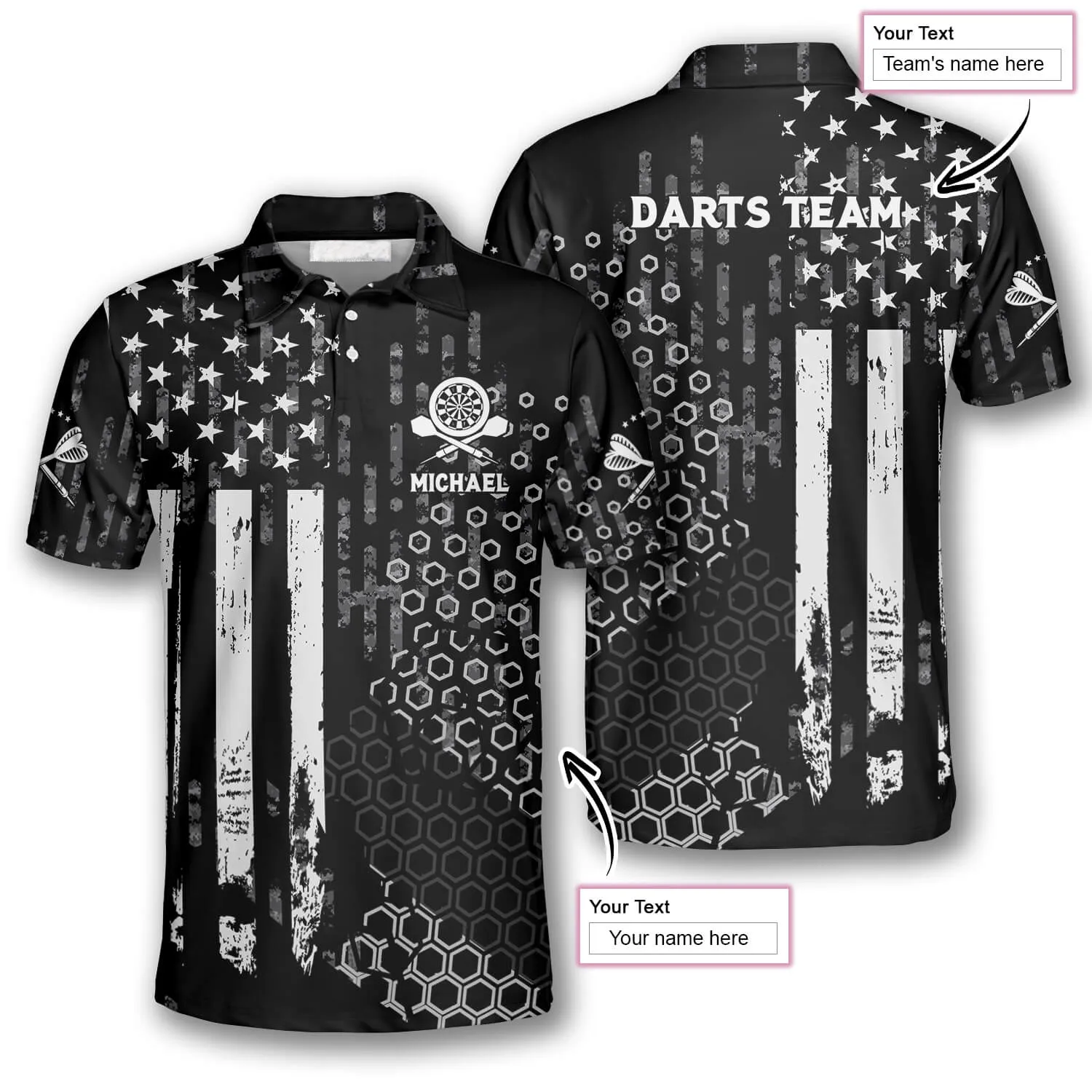 US Flag Hive Pattern Custom Darts Polo Shirts for Men, Dart Costume Pool Player Gift