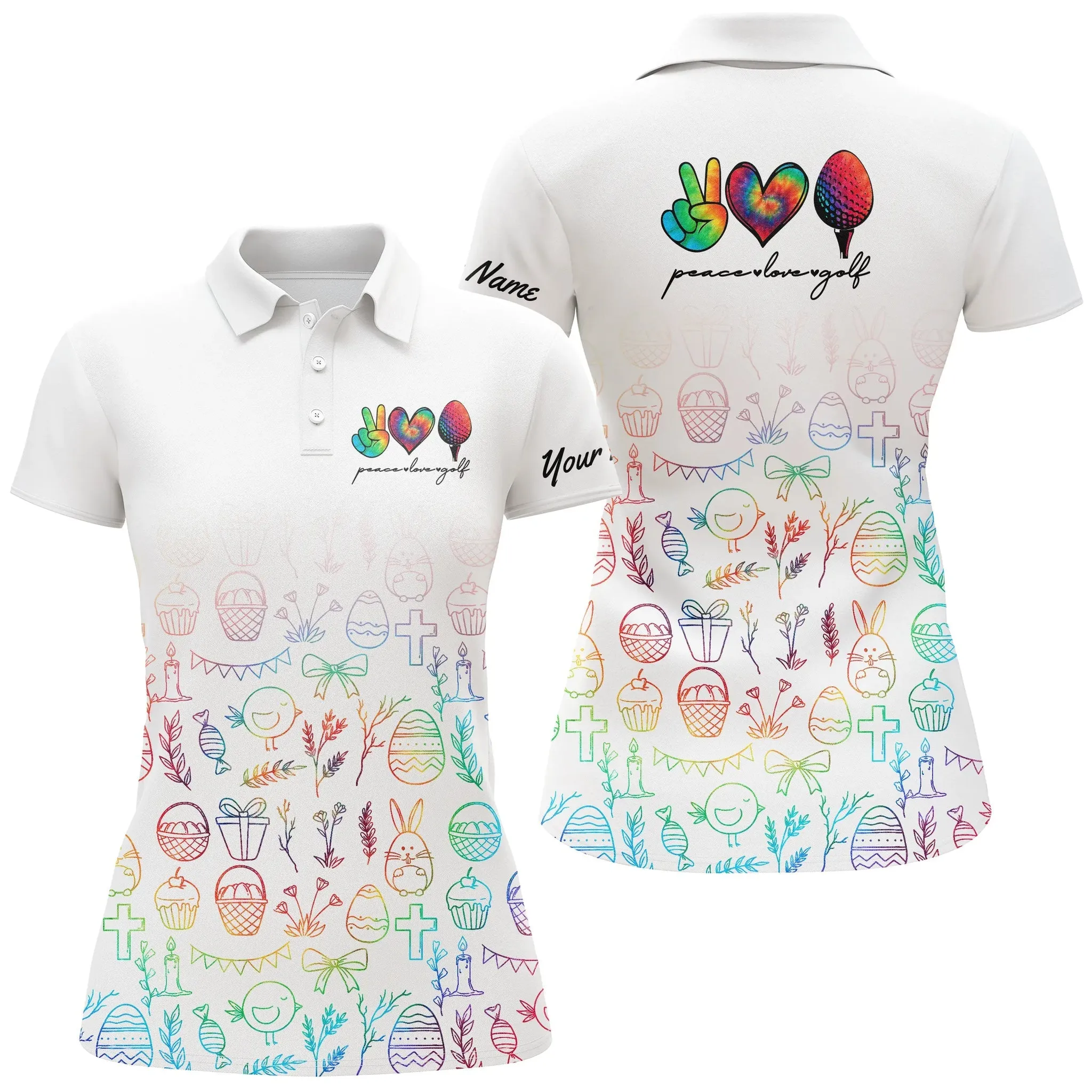 Women Golf Polo Shirts Custom Name Watercolor Peace Love Golf, Personalized Golf Shirt For Women