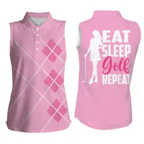 Women Sleeveless Polo Shirts Eat Sleep Golf Repeat Pink Argyle Pattern Ladies Golf Top For Women