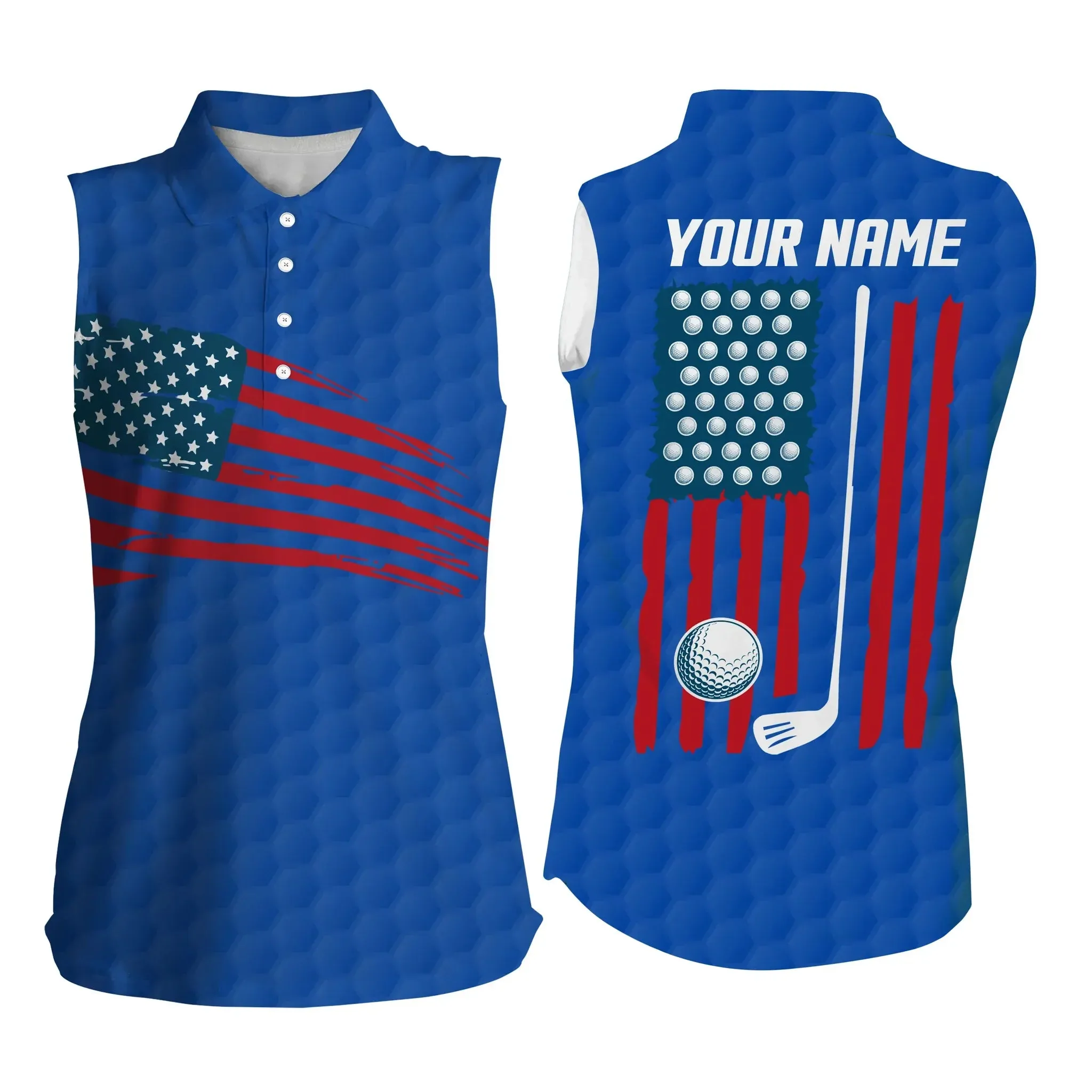 Womens Sleeveless polo shirt, American flag patriotic golf shirts, custom name golf gifts