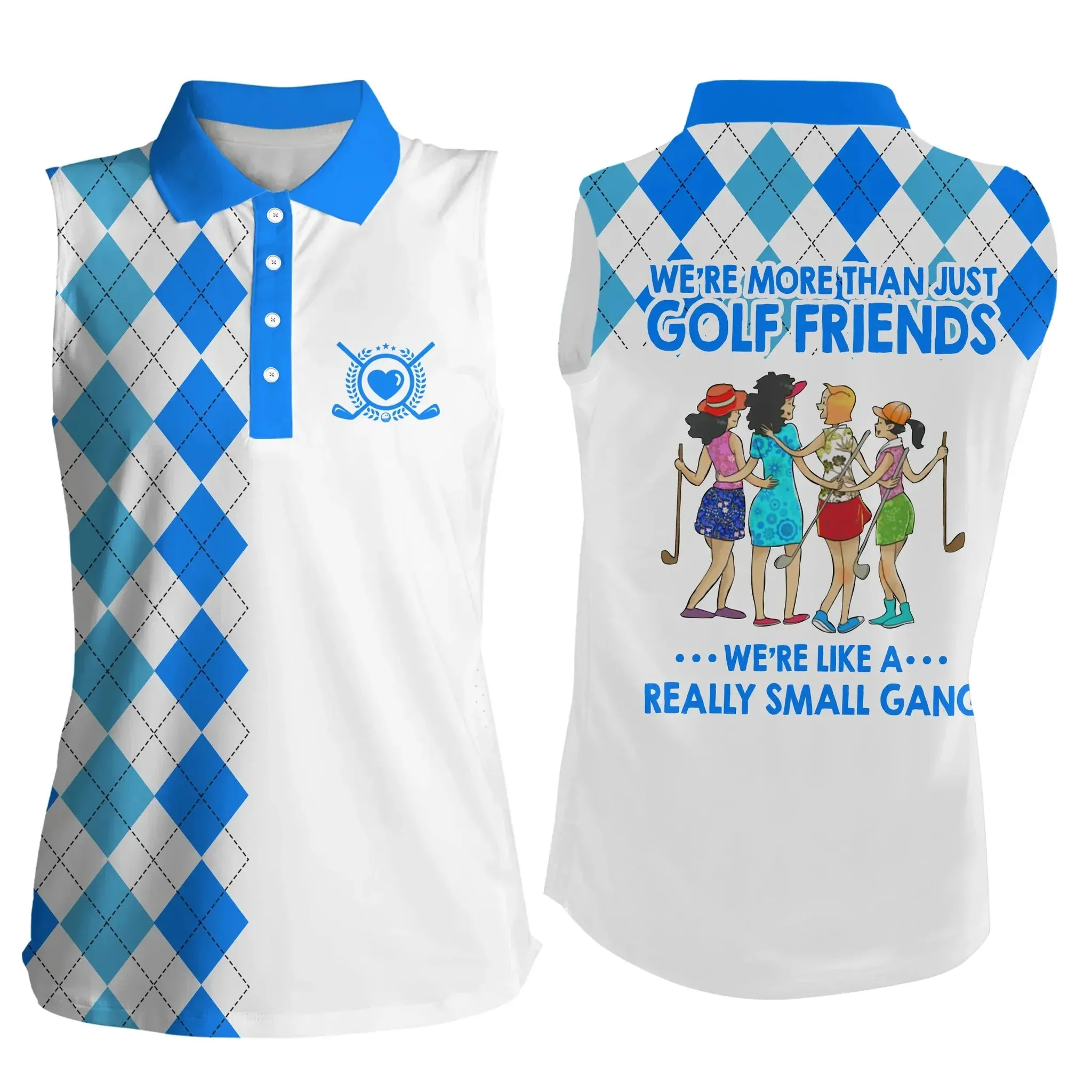 Womens sleeveless polo shirts, multi-color argyle plaid we're more than golf friends we're small