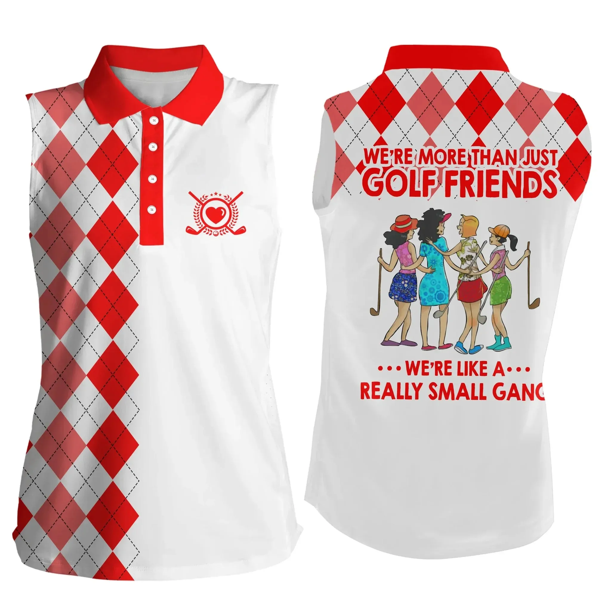 Womens sleeveless polo shirts, multi-color argyle plaid we're more than golf friends we're small