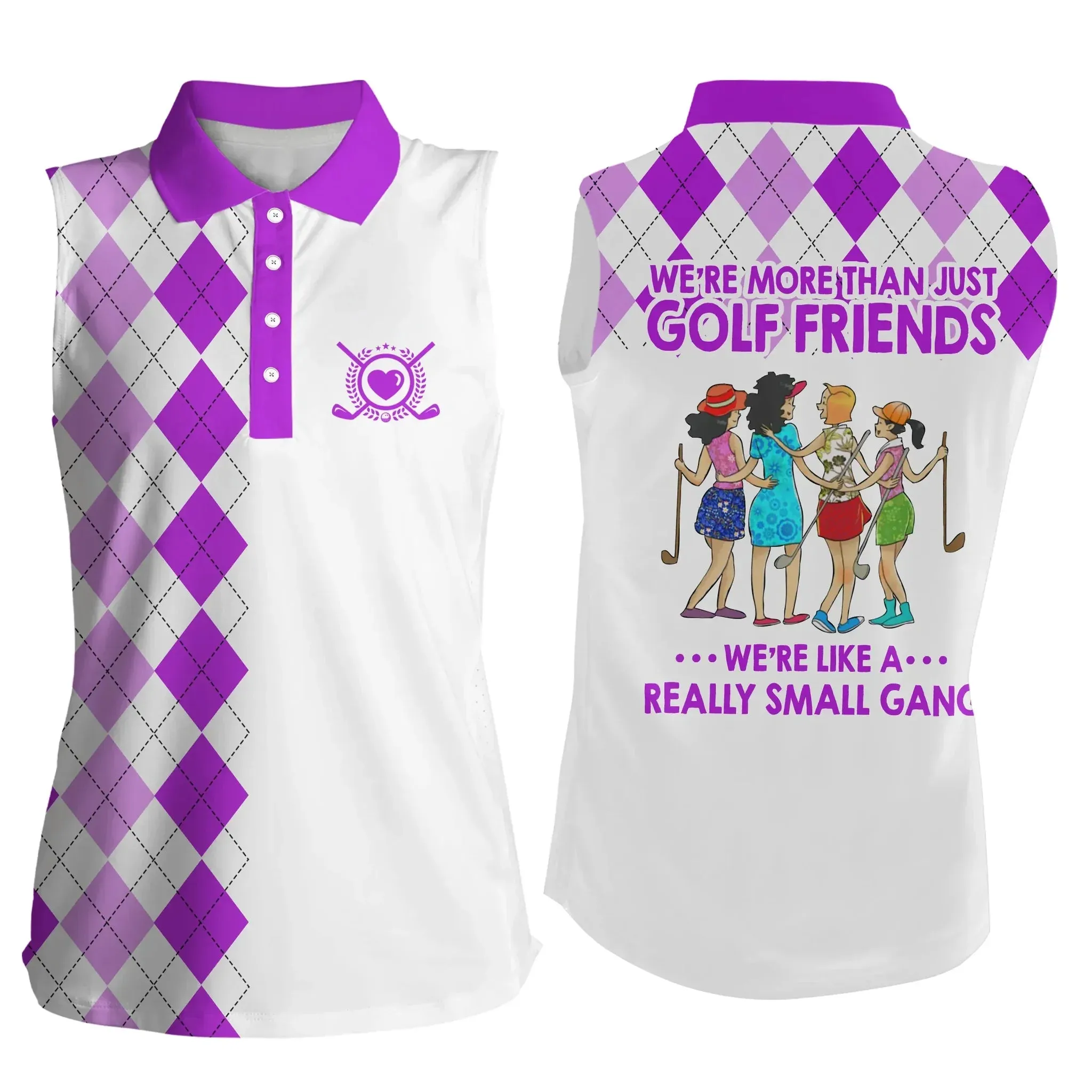 Womens sleeveless polo shirts, multi-color argyle plaid we're more than golf friends we're small